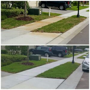 Before and after images of a rust-stained sidewalk in front of a house cleaned with Rust Remover Plus™, a pressure washing chemical