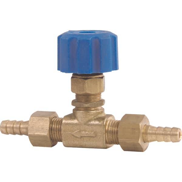 Image of our 1/4 Chemical Metering Valve Straight, featuring BSP-M connections, a 2.6 GPM flow rate, and a 400 PSI pressure rating. This lightweight industrial valve is designed for precise chemical dosing and features a 1/4" hose barb and a maximum temperature of 105° F.