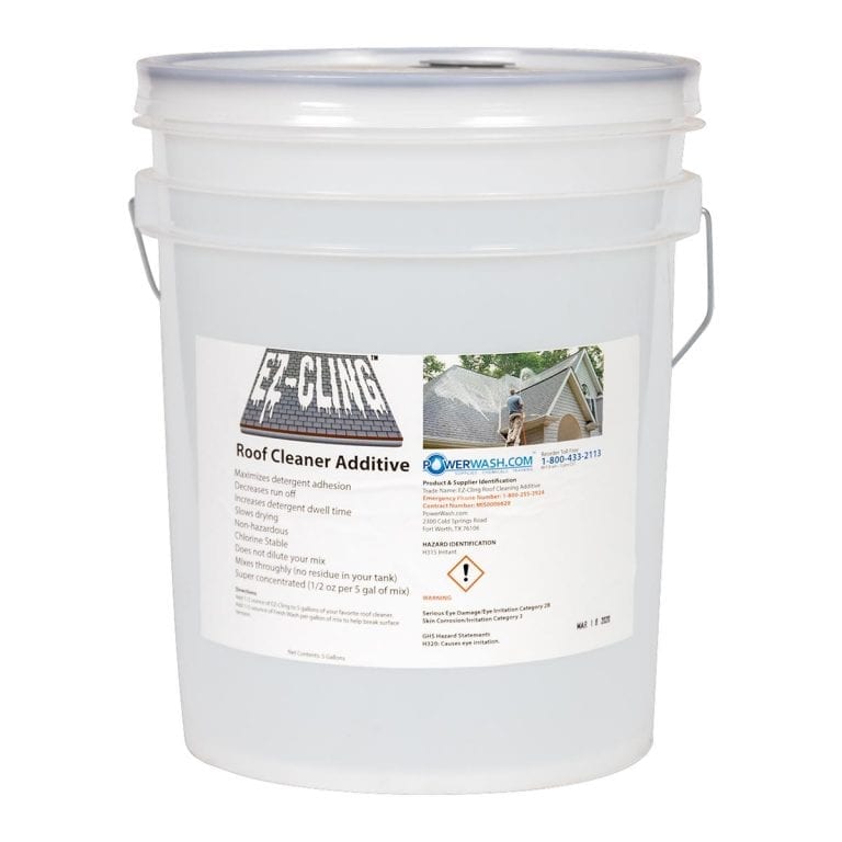 Bucket of EZ Cling Roof Cleaner Additive, a roof pressure washing chemical additive