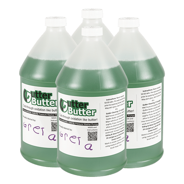 Gallon jug of Gutter Butter, a soft wash detergent used for cleaning roofs, siding, gutters, and more!