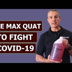 Person holding a gallon of Max Quat 10% Sanitizer with a title that reads 'Use Max Quat to Fight COVID-19