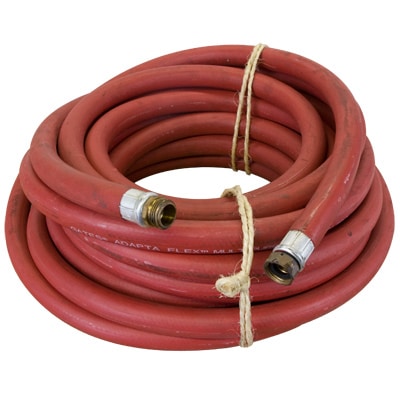 Image of a heavy-duty, 1-inch red supply hose rolled up tightly. This reinforced water hose is designed for industrial-grade use and is resistant to kinks, breaks, cuts, and degradation over time. Its durable construction and long-lasting performance make it a high-quality replacement for garden hoses. Please note that hose ends are not included.
