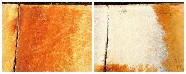 Extreme close up of a rusted sidewalk cleaned with Rust Remover Plus™, a pressure washing chemical