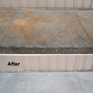 Before and after images of a rust-stained sidewalk cleaned with Rust Remover Plus™, a pressure washing chemical