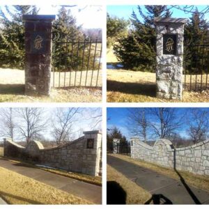 Two before-and-after images of masonry fence cleaned of rust with Rust Remover Plus™, a pressure washing chemical