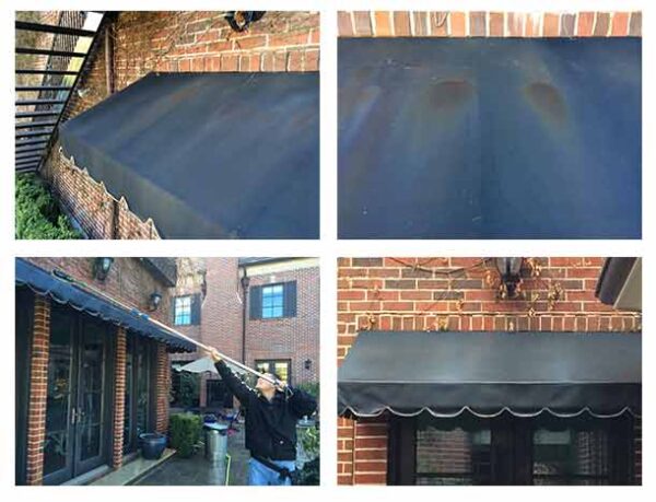 Four images of a store's front roof cleaned with Rust Remover Plus™, a pressure washing chemical