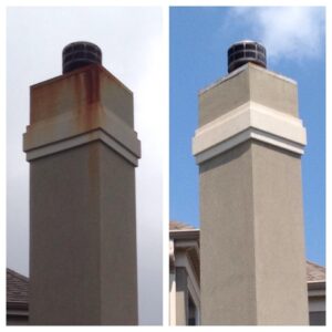 Before and after images of a once rusted chimney cleaned with Rust Remover Plus™, a pressure washing chemical