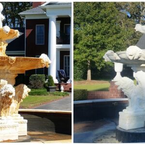 A before-and-after image of a fountain cleaned with Rust Remover Plus™, a pressure washing chemical