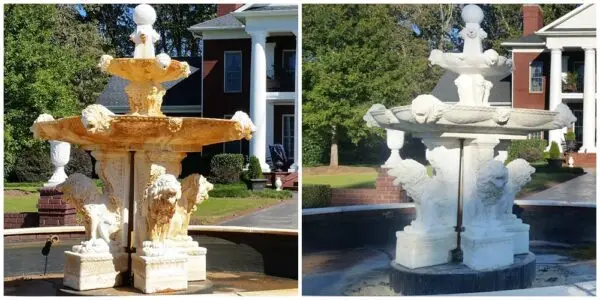 A before-and-after image of a fountain cleaned with Rust Remover Plus™, a pressure washing chemical