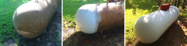 Three images of a rusted septic tank cleaned with Rust Remover Plus™, a pressure washing chemical