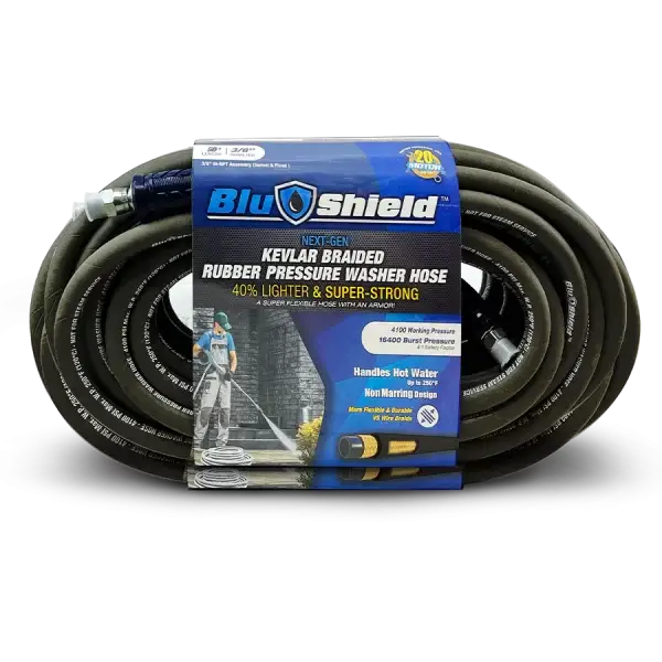 BluShield KEVLAR Aramid Braided 3/8 50' Rubber Pressure Washer Hose 4200PSI Quick Connect Coupler Plug Heavy Duty Lightweight