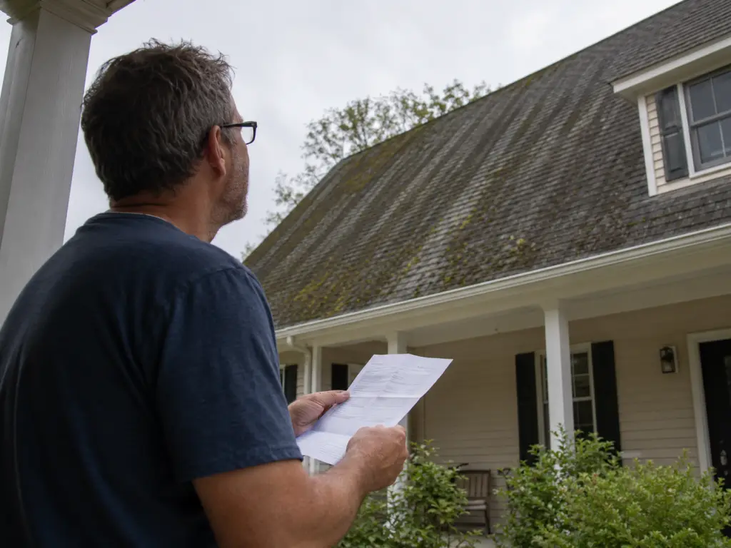 Man holding letter looking at dirty roof
